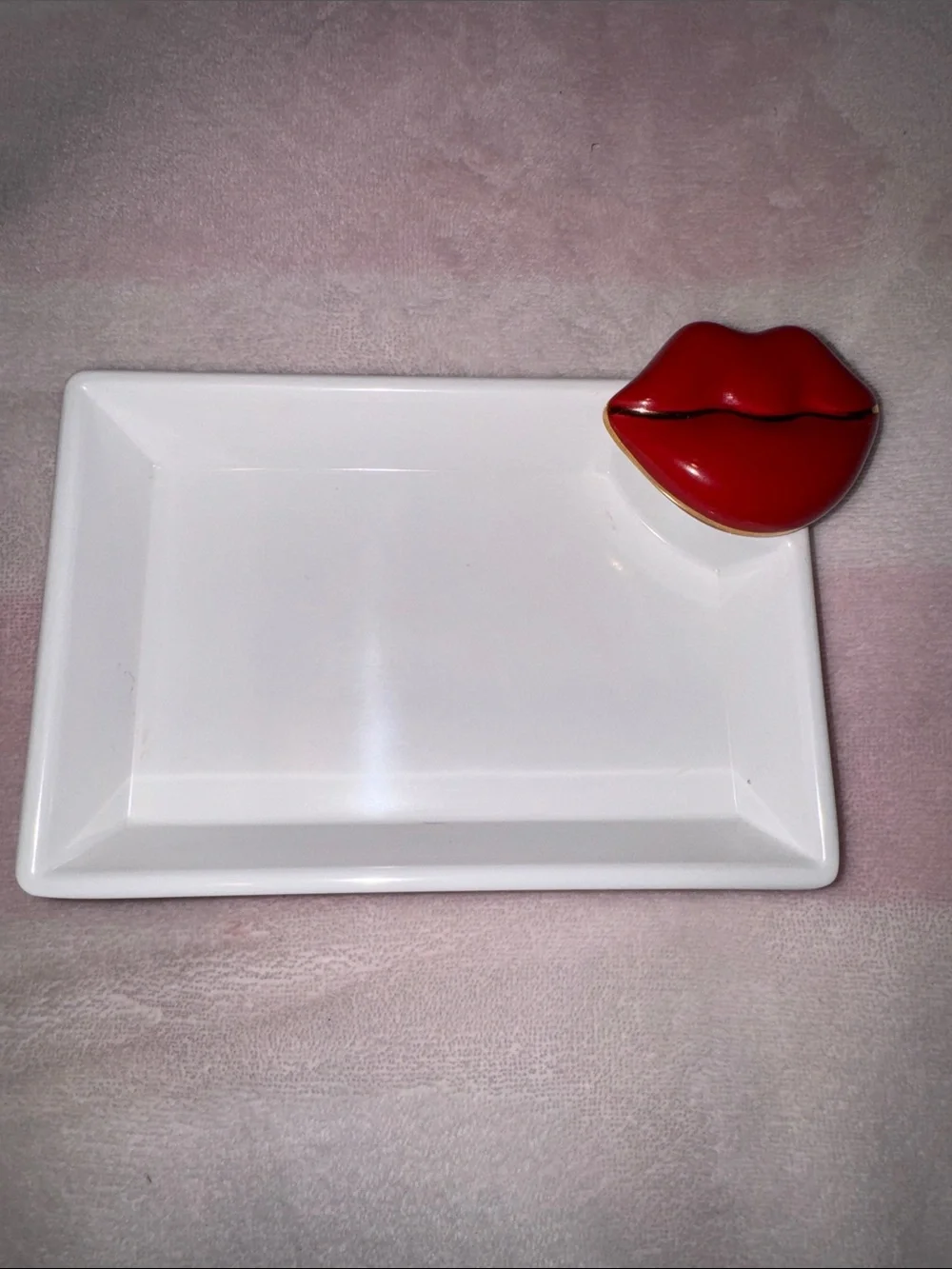 Nora fleming White Ceramic Rectangle Tray with Red Lip Dish Accent